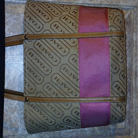 Authentic Coach Signature Brown Classic Logo and Pink Stripe Tote - Picture 5 of 11